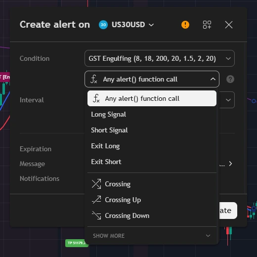 Cuadro Crear alerta de TradingView con las condiciones de GST Engulfing: función alert(), Long Signal, Short Signal, Exit Long y Exit Short.